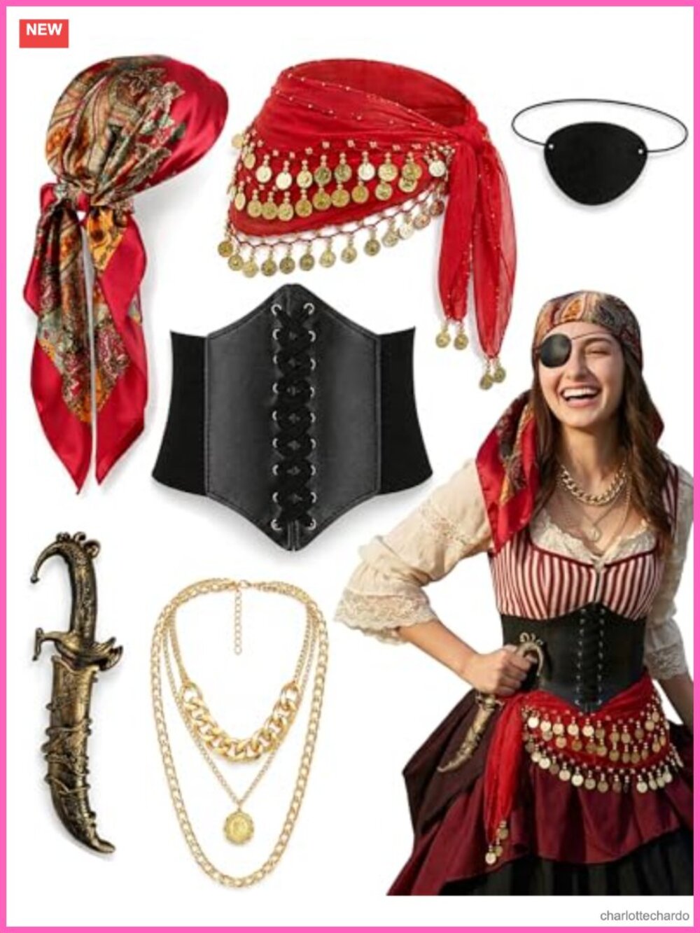 5-Piece Pirate Costume Accessory Set Corset Belt Fishnet Bandana Coin Sash